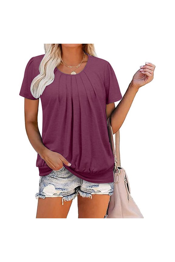 Women's Casual Solid Color Round Neck Short Sleeve Loose Tee Shirt Top For Summer Womens Neck Long Sleeve Thermal Shirts Women Long Sleeve Tee Shirt Women's Tops Summer V Neck Tee Graphic Shirts for