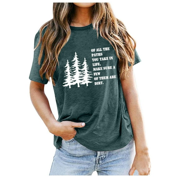 Women's Casual Solid Color Round Neck Short Sleeve T-Shirt with Outdoor Letter Print Pattern Comfortable Breathable Tee for Daily Wear