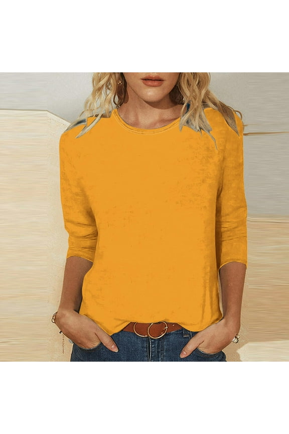 Women's Casual Solid Color Round Neck Three Quarter Sleeve Tops Blouse Womens Henley Long Sleeve Button Up Women'S Cotton Short Sleeve Orange Blouse