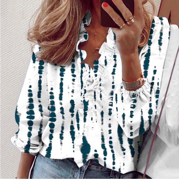Women's Casual Solid Color Ruffle Collar Long Sleeve Ruffle Shirt Blouse V Neck Short Sleeve Shirt Tops