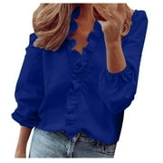 JSAIERL Women's Casual Solid Color Ruffle Collar Long Sleeve Ruffle Shirt Blouse V Neck Short Sleeve Shirt Tops