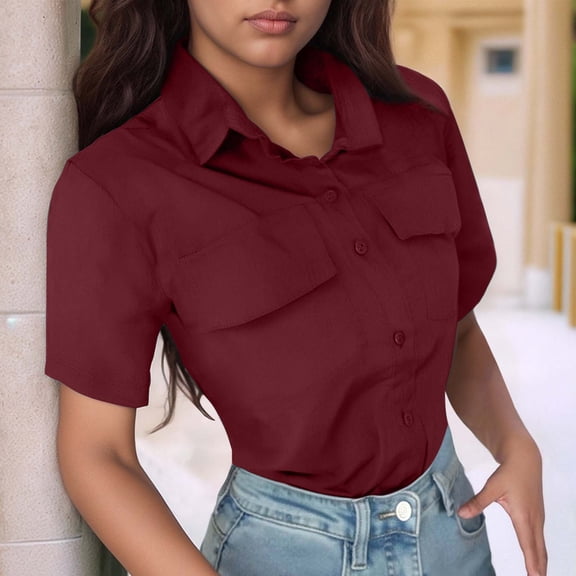 Women's Casual Solid Color Shirt With Lapel Short Sleeved Shirt Extra Long Womens T Shirts Tunic Tee Shirts for Women plus Size Dress Shirts Women's Shirts Summer V Neck T Shirts Women Loose Fit Log