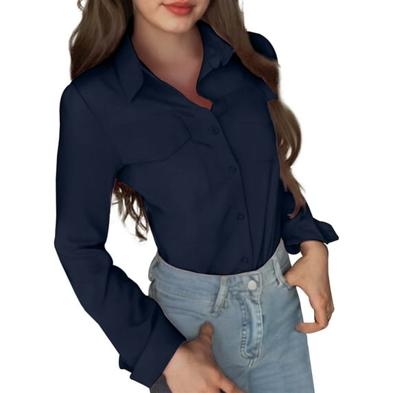 Women's Casual Solid Color Shirt With Lapel Long Sleeve Shirt