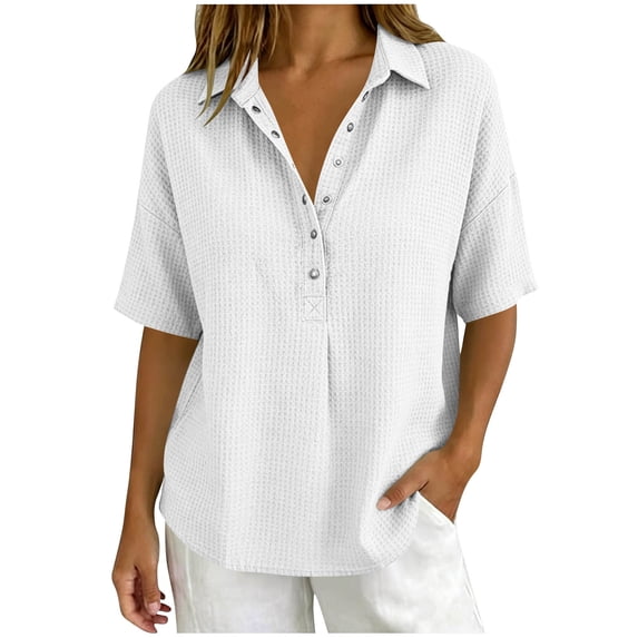 Women's Casual Solid Color Short-Sleeve Collared Button & Snap Top