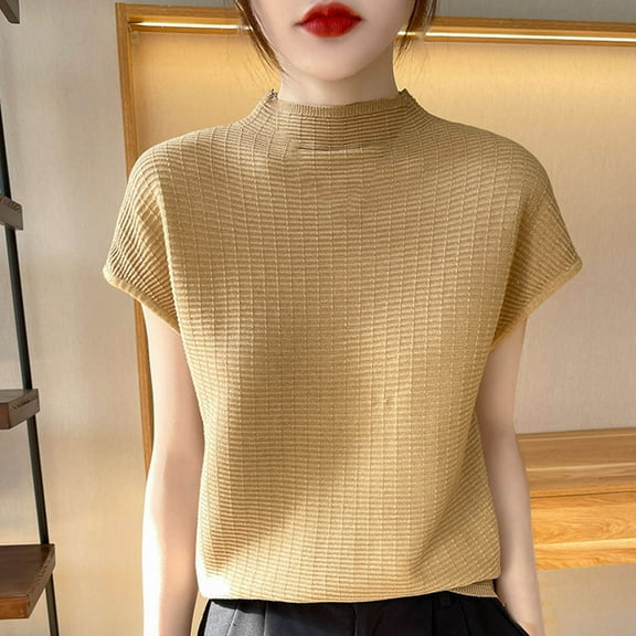 Women's Casual Solid Color Short Sleeve Knit Blouse, Soft Polyester Round Neck Top for Everyday Wear