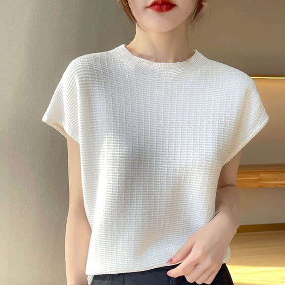 Women's Casual Solid Color Short Sleeve Knit Blouse, Soft Polyester Round Neck Top for Everyday Wear