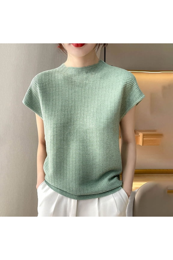 Women's Casual Solid Color Short Sleeve Knit Blouse, Soft Polyester Round Neck Top for Everyday Wear