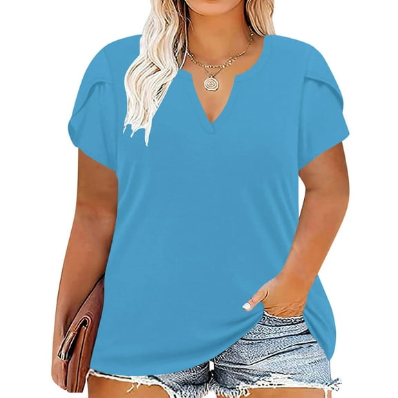 Maoxin Plus Size Women T Shirts Casual Solid Color Short Sleeve Loose Plus Size Tee Tops V Neck Blouse Blue 5XL