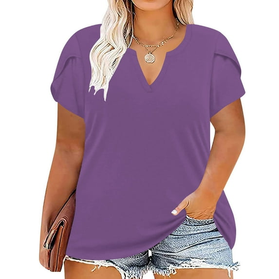Maoxin T Shirts for Women Casual Solid Color Short Sleeve Loose Plus Size Tee Tops V Neck Blouse Purple 4XL