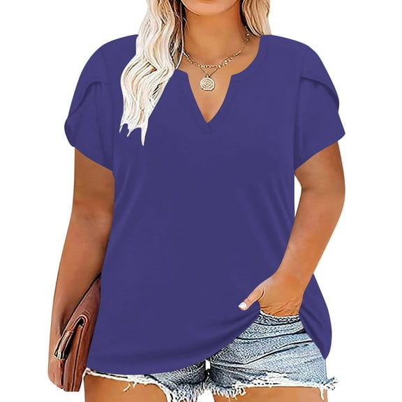 Maoxin Plus Size Women T Shirts Casual Solid Color Short Sleeve Loose Plus Size Tee Tops V Neck Blouse Navy 5XL