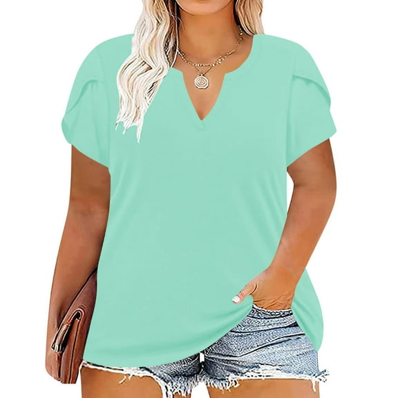 Maoxin Plus Size Women T Shirts Casual Solid Color Short Sleeve Loose Plus Size Tee Tops V Neck Blouse Mint Green 5XL