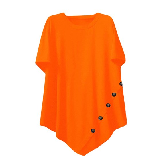 Women's Casual Solid Color Short-Sleeve T-Shirt - Orange with Decorative Buttons, 6XL Plus Size, Soft Breathable Fabric, Casual Everyday Style, Size XXXXXXL