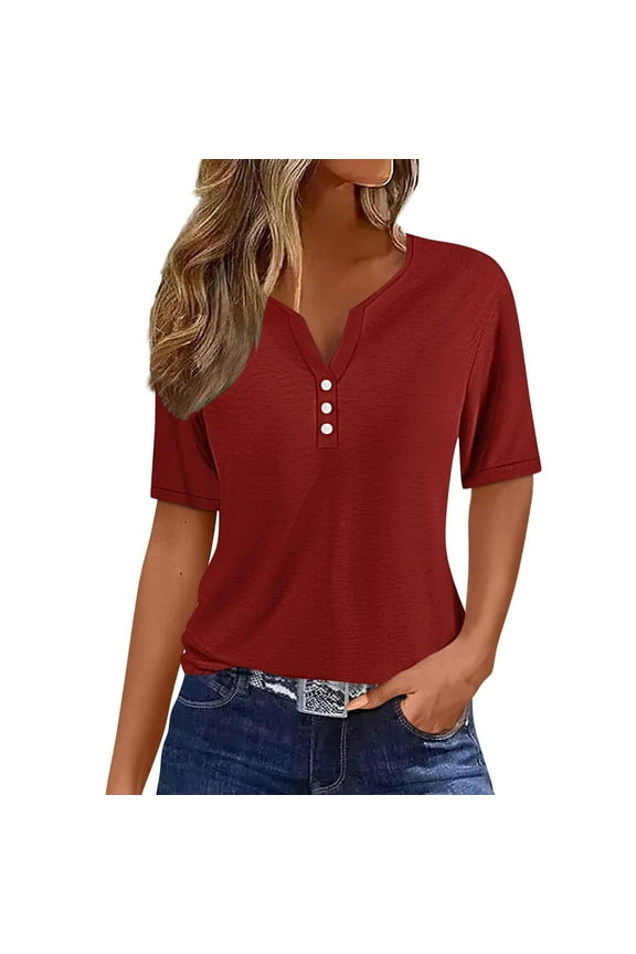 Women's Casual Solid Color Short-Sleeved V-Neck Blouse, Lightweight Comfortable Shirt for Daily Wear, Stylish Top for Office, Travel, and Casual Outfits, Versatile Blouse for All Seasons