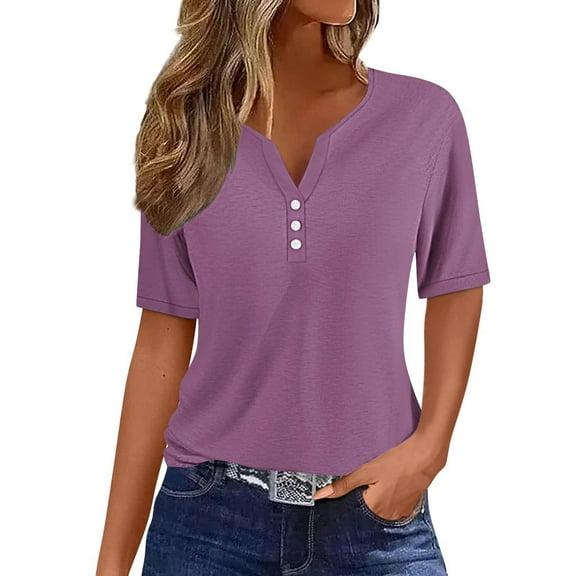 Women's Casual Solid Color Short-Sleeved V-Neck Blouse, Lightweight Comfortable Shirt for Daily Wear, Stylish Top for Office, Travel, and Casual Outfits, Versatile Blouse for All Seasons