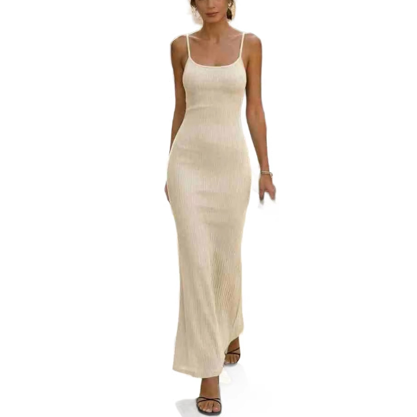 Women's Casual Solid Color Sleeveless Bodycon Dress Spaghetti Strap Backless Ribbed Knit Maxi Long Dresses Beige
