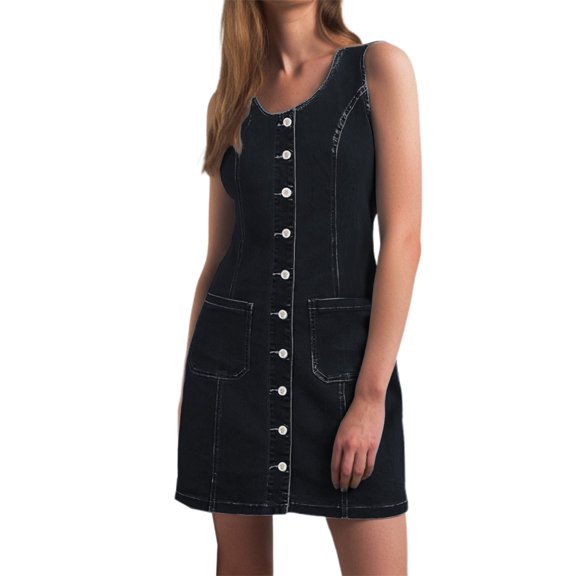 Women's Casual Solid Color Sleeveless Denim Dress with Button-Down Pockets - Straight Fit, Durable Fabric, US Sizes 4-22 - for Warm Weather