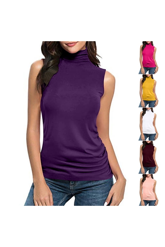 Women's Casual Solid Color Sleeveless Turtleneck Tee Shirt Blouse Top Loose Fit Lightweight Summer Fashion | CSEONE,Pink XL