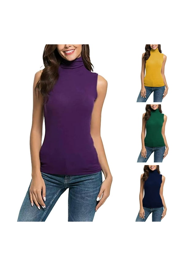 Women's Casual Solid Color Sleeveless Turtleneck Tee Shirt Blouse Top Loose Fit Lightweight Summer Fashion | CSEONE,Purple XL