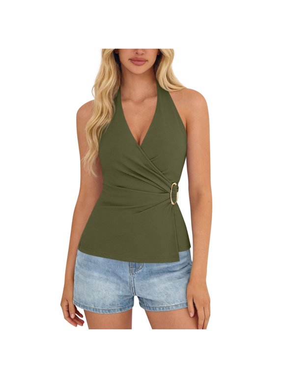 Women's Casual Solid Color Sleeveless V Neck Criss Cross Halter Backless Tank Top Summer Fashion Beach Wear Blouse for Ladies