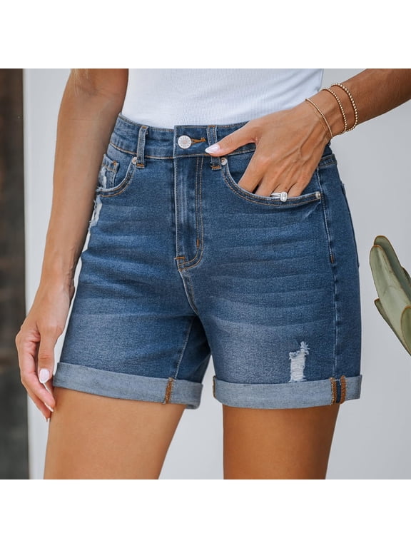 Women's Casual Solid Color Split Elastic Waist Shorts, Natural Waist Tummy Smoothing with Pockets, Perfect for Summer Sport, Lounge, or Daily Errands, Versatile | CSEONE,Dark Blue L