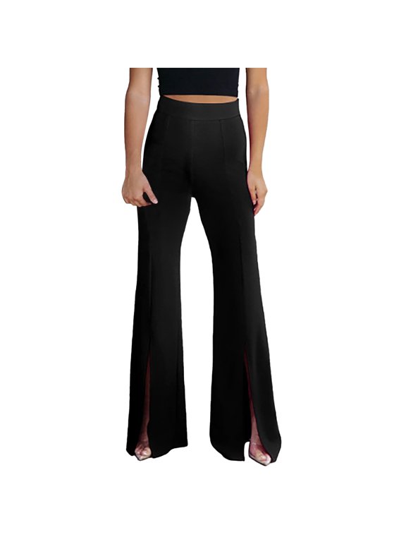 Women's Casual Solid Color Split Hem High Waist Wide Leg Pants Polyester Spandex for Summer Beach Daily Wear