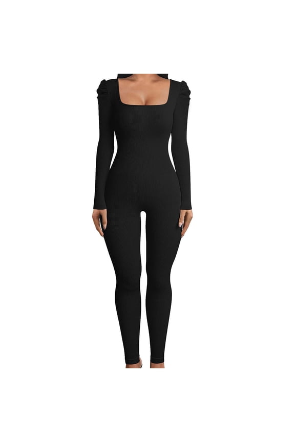 Women's Casual Solid Color Square Collar Lift Slim Sexy Square Collar Bubble Sleeve Long Sleeve Sexy Slim Jumpsuit