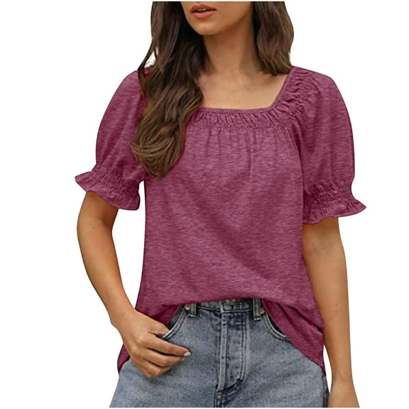Women's Casual Solid Color Square Neck Short Sleeve Blouse, Ruffle Sleeve T-Shirt Top, Stylish and Comfortable Square Neck Shirt, Trendy Short Sleeve Blouse for Daily Wear, Casual Summer Top