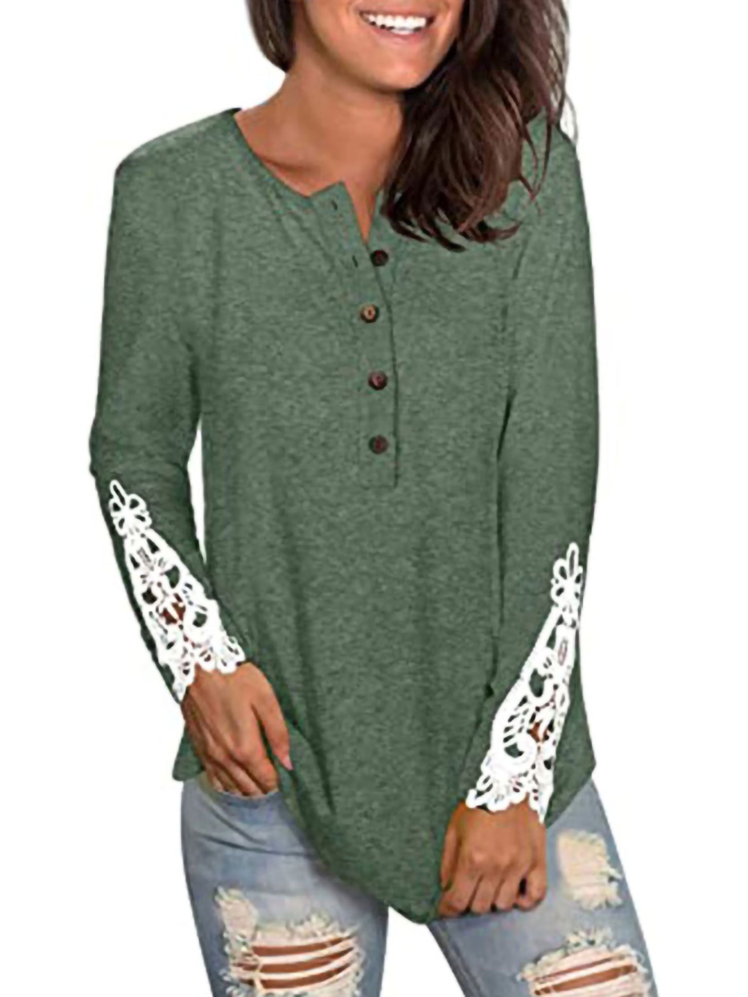 Women's Casual Solid Color T-Shirt Henley Shirts Long Sleeve Tops Buttons  T-Shirts 