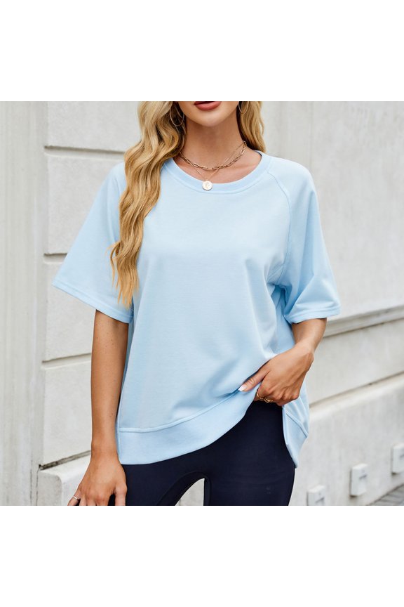 Women's Casual Solid Color Thread Round Neck Short Sleeve Top Spring Summer Fashion Loose Fit Raglan Sleeve Blouse Comfortable Tee