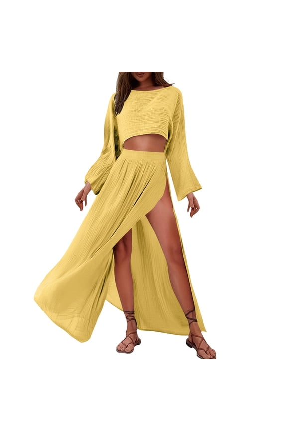 Women's Casual Solid Color Two Piece Set Crop Top with High Side Split Pants Summer Lounge Outfit Yellow