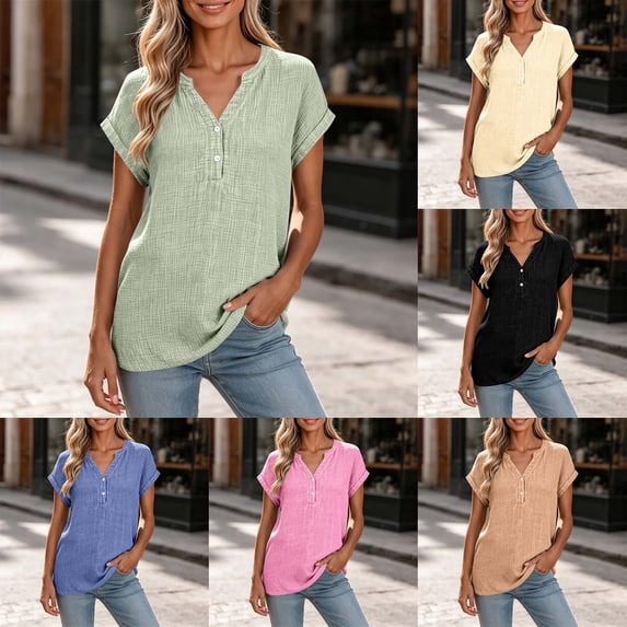 Women's Casual Solid Color V Neck Button Down Short Sleeve Cotton Tops Blouses Soft Lightweight Work Office Outfits | CSEONE,Khaki XL