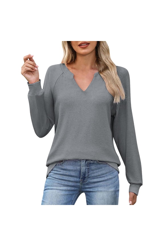 Women's Casual Solid Color V-Neck Long Sleeve Loose Fit Pullover Sweatshirt Top