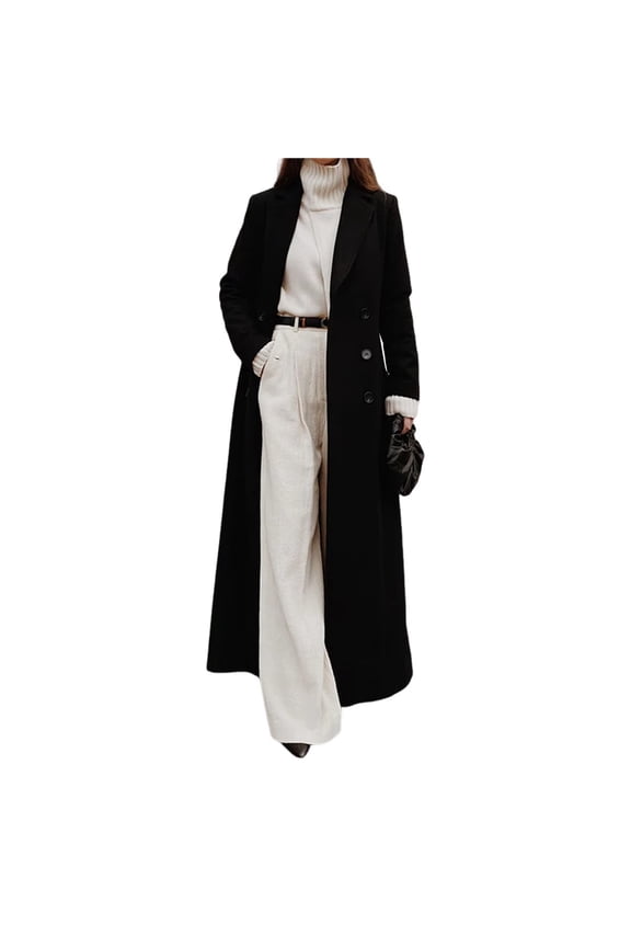 Women's Casual Solid Color V-Neck Long-Sleeve Windbreaker Warm Woolen Coat Black XXL