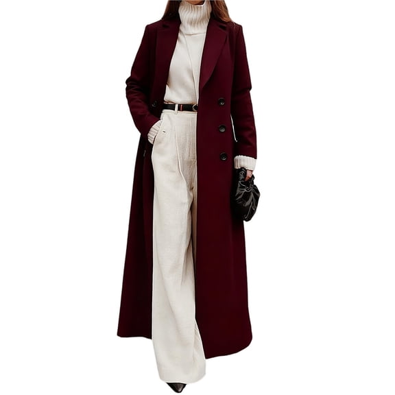 Women's Casual Solid Color V-Neck Long-Sleeve Windbreaker Warm Woolen Coat Wine Red XXL