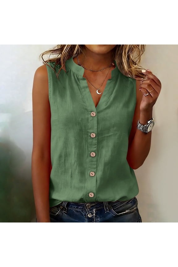 Women's Casual Solid Color V-Neck Sleeveless Button-Down Blouse
