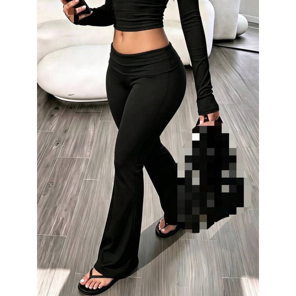 Women's Casual Solid Color Wide Waist Flare Pants, Layered Waist High-Waist Pleated Slim Fit Leggings Fall
