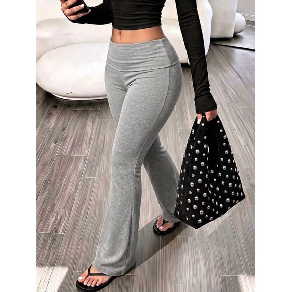 Women's Casual Solid Color Wide Waist Flare Pants, Layered Waistband High Waist Pleated Slim Fit Leggings, Y2K Aesthetic Fall