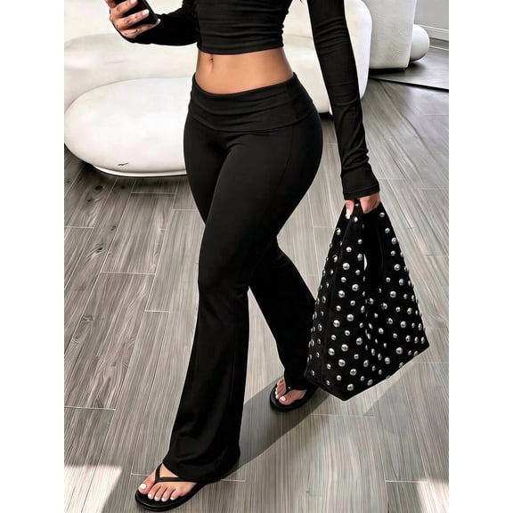 Women's Casual Solid Color Wide Waist Flare Pants, Layered Waistband High Waist Pleated Slim Fit Leggings, Y2K Aesthetic Fall