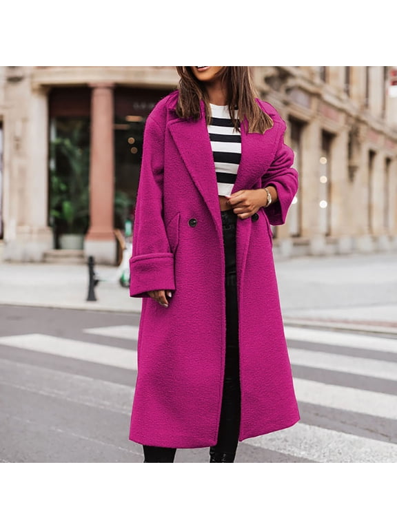 Women's Casual Solid Color Wool Coat with Suit Collar Long Sleeve Fashionable Outerwear