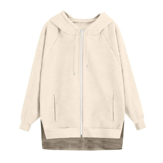 Women's Casual Solid Color Zip Up Hoodie, Raglan Sleeve Pullover with Pockets, Comfortable Oversized Streetwear Sweatshirt, Soft Long Sleeve Hooded Top for Women, Trendy Jacket for Daily Wear Beige