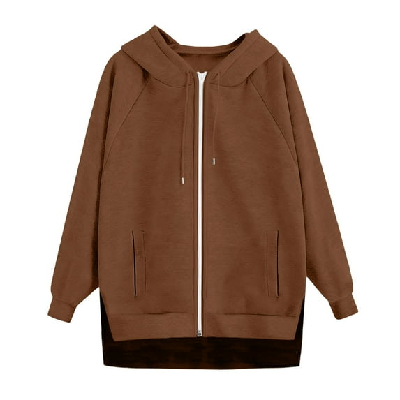 Women's Casual Solid Color Zip Up Hoodie, Raglan Sleeve Pullover with Pockets, Comfortable Oversized Streetwear Sweatshirt, Soft Long Sleeve Hooded Top for Women, Trendy Jacket for Daily Wear Brown