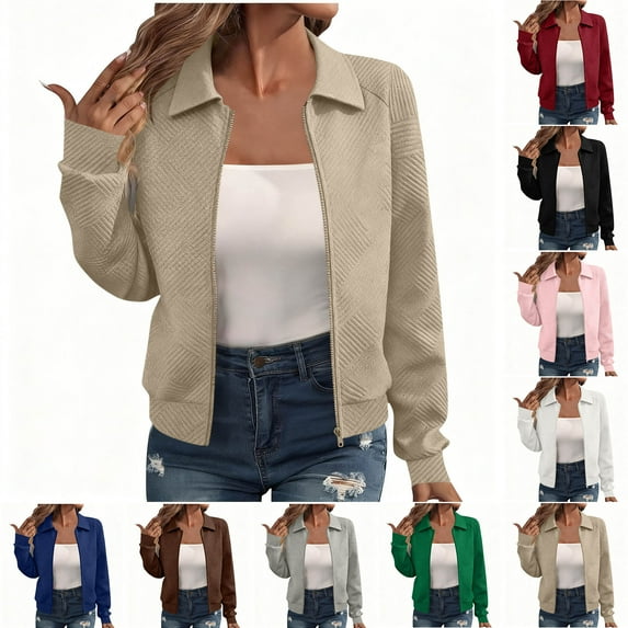 Women's Casual Solid Color Zipper Jacket Top Coat Blouse with Turndown Neck Long Sleeves for Daily Wear Business Office Travel Streetwear Fashion Essential Gift | Sopatenor,Khaki XL