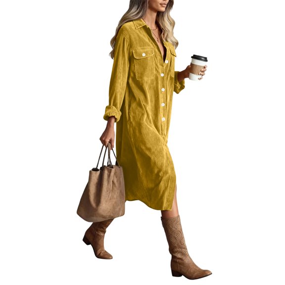 Women's Casual Solid Corduroy Long Sleeve Dress Lapel Collar Button Down Loose Shirt Dress