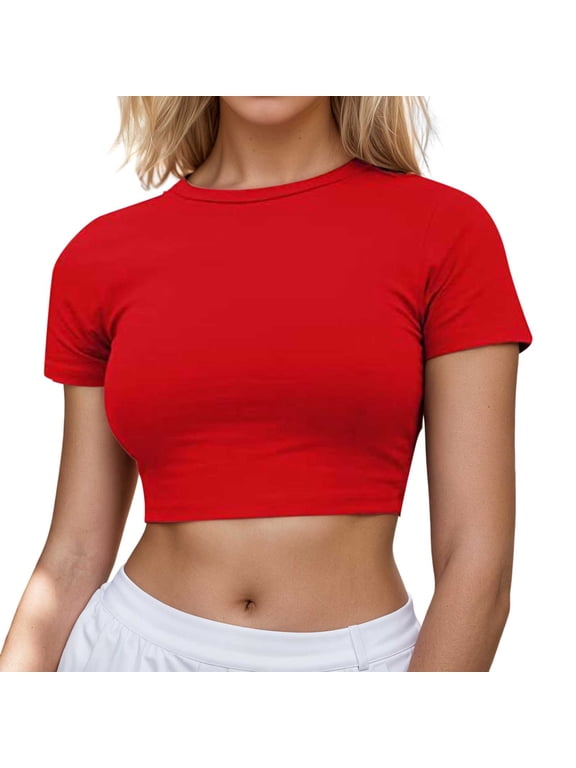 Women's Casual Solid Crew Neck Short Sleeve Pull On Crop Tops Slim Fit Basic Everyday Wear Simple Stylish Athletic Yoga Shirt