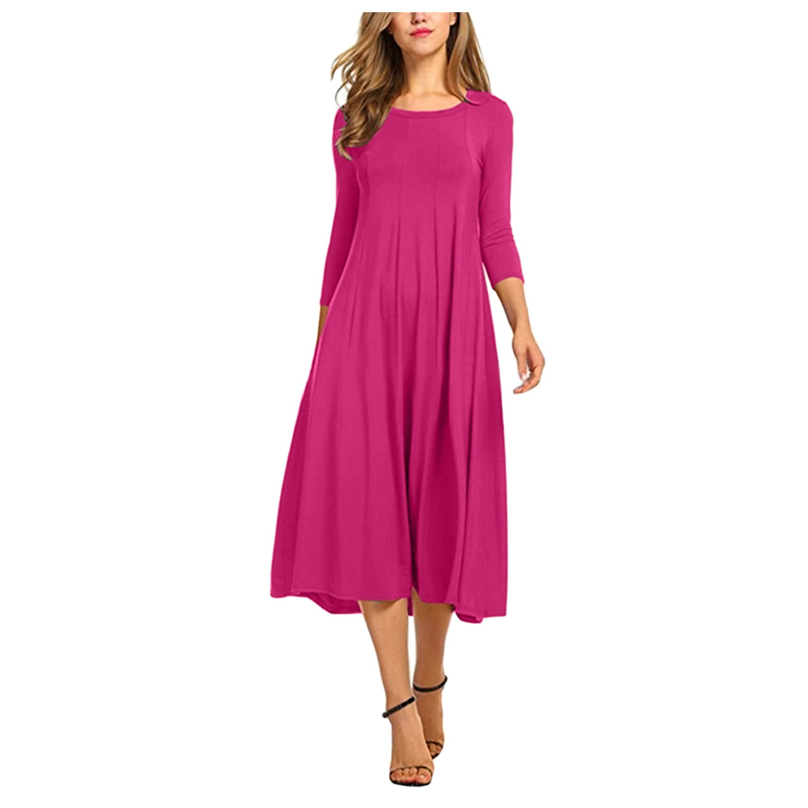 Women's Casual Solid Dress Round Neck Long Sleeve Mid-Calf Swing Dress ...