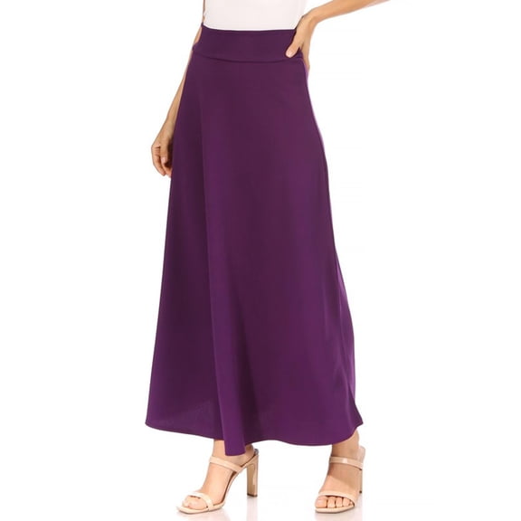 Women's Casual Solid Flare A-line Long Skirt with Elastic Waistband