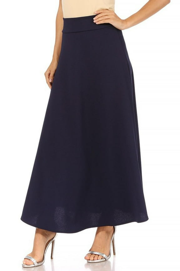 Women's Casual Solid Flare A-line Long Skirt with Elastic Waistband