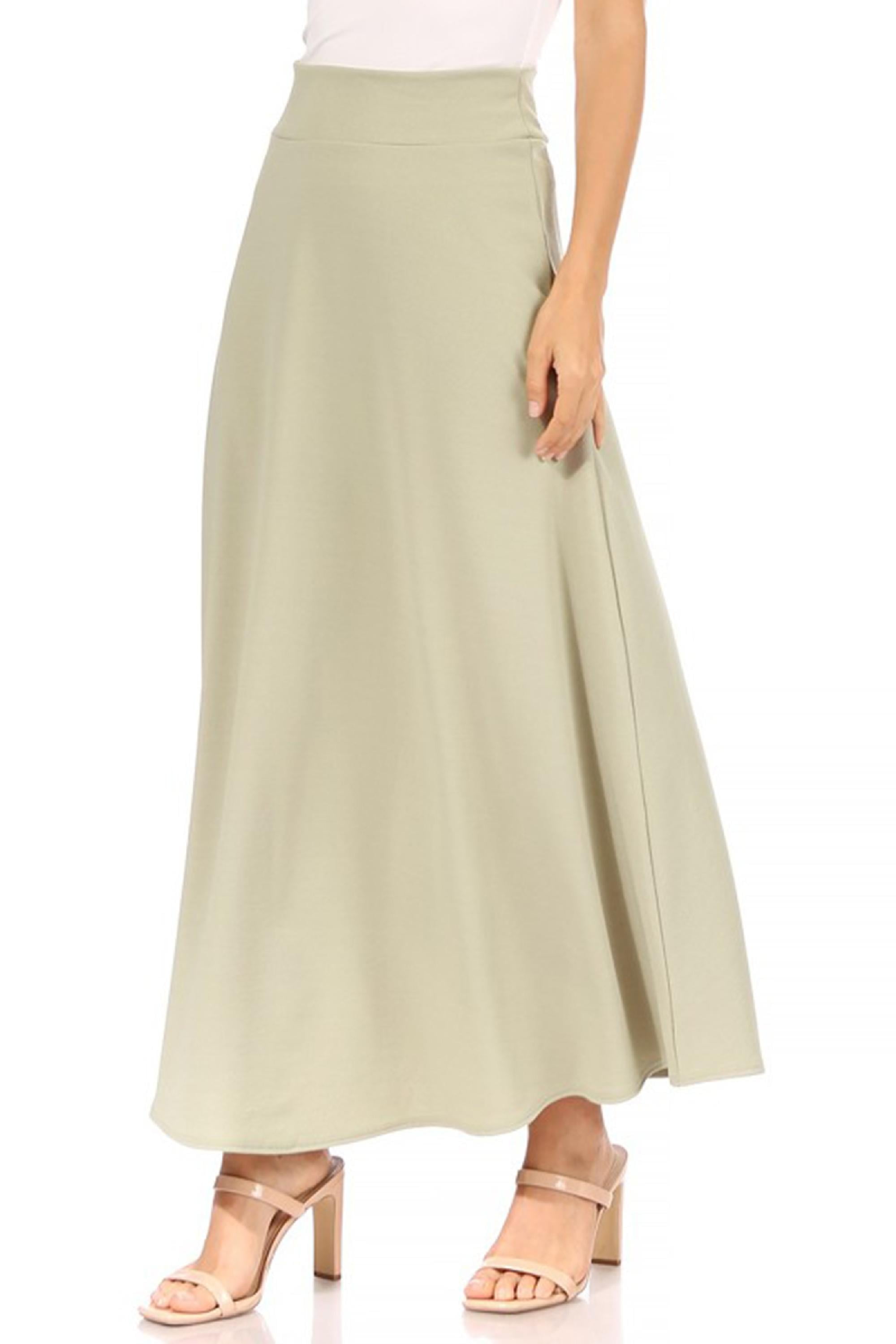 Women s Casual Solid Flare A line Midi Skirt with Elastic Waistband Walmart