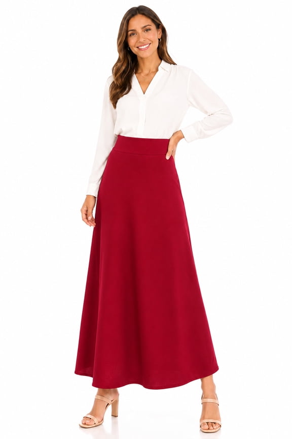 Women's Casual Solid Flare A-line Long Skirt with Elastic Waistband