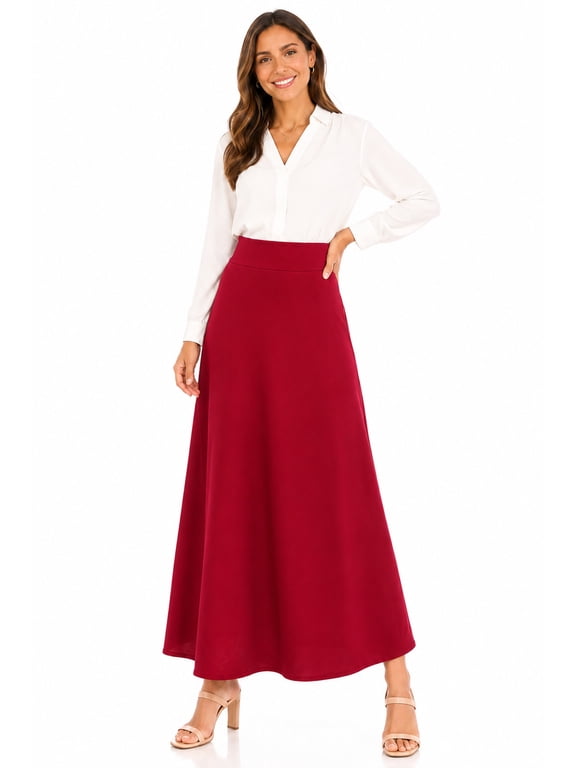 Women's Casual Solid Flare A-line Long Skirt with Elastic Waistband